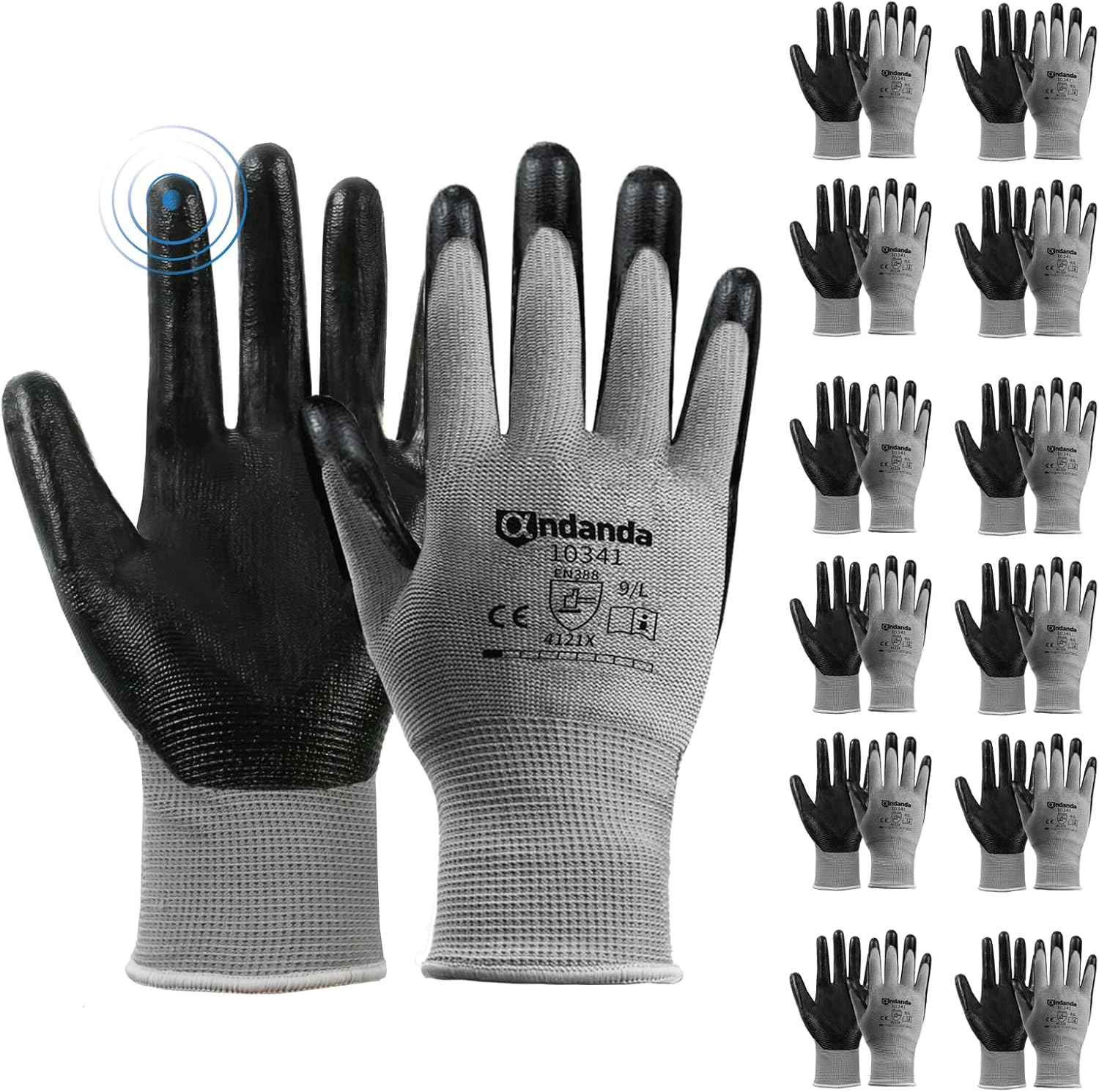 ANDANDA Smart Touch Work Gloves - 12 Pairs, 3D Comfort Stretch Fit, Nitrile Coated with Grip, Seamless Knit Nylon, Suitable for Warehousing, Logistics, Handling, Black (XL)