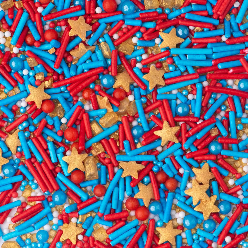 Sweets Indeed Sprinkles, Patriotic Edible Sprinkle Mix, Red Blue Gold, 4th of July, Perfect for Cake Decorations, Baking, Ice Cream, Cookies, Cupcake Topper For Birthday, Dairy Free, 4 ounces (Marvelous)