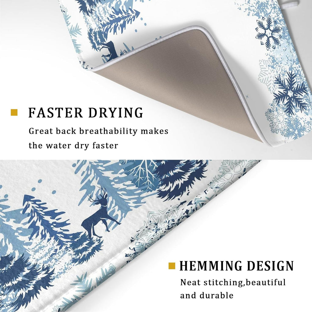 Winter Blue Snowflake Dish Drying Mat Christmas Tree Kitchen Counter Dish Drainer Mats Xmas Forest Deer Moose Dish Dry Pad Bottles Protector for Kitchen Countertop Coffee Bar, 18x24 inch Large