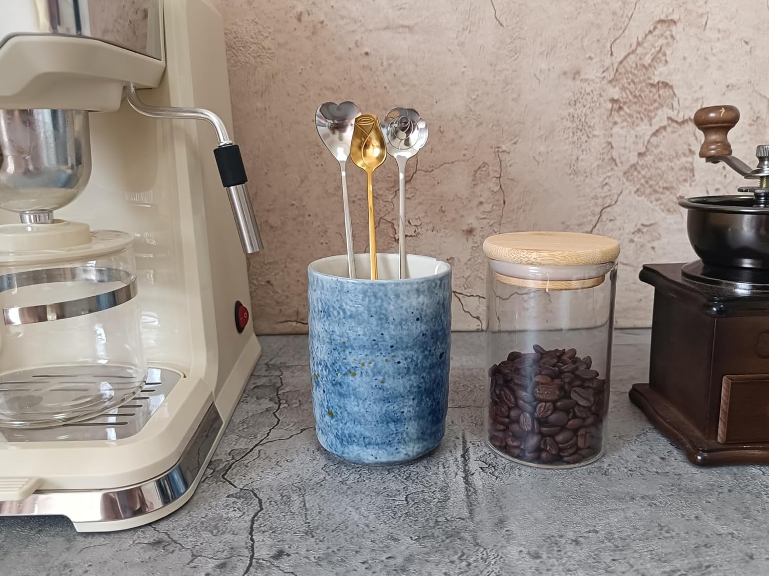 Stoneware Coffee Bar Utensil Holder Tea & Coffee Spoon & Stirrer Holder for Stir Stick Straw Teaspoon Holder Spoon Cup Small Utensil Jar (Sea blue)