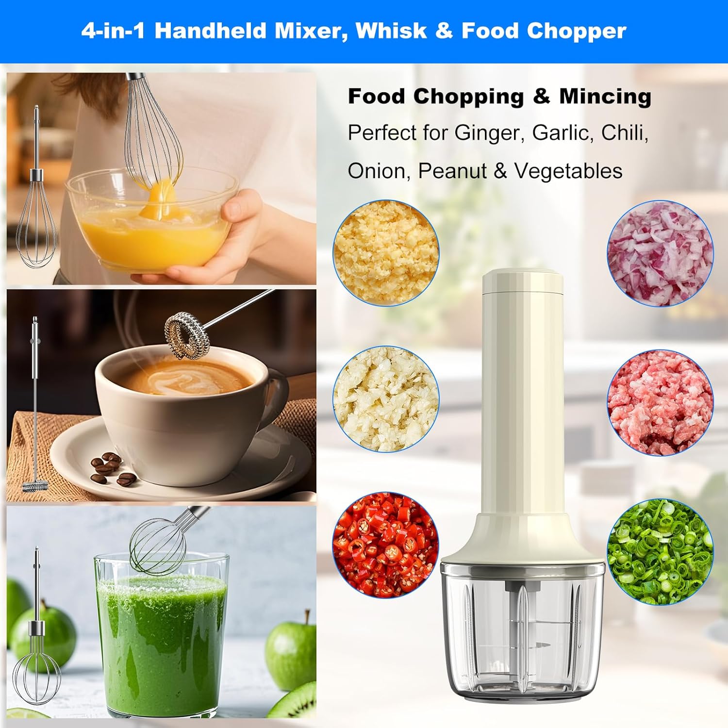 Cordless Hand Mixer MixgoII, Handheld Mixer Electric Whisk & Milk Frother, Hand Held Mini Mixers, Rechargeable Hand Mixer and Whisker, Food Processor for Cooking, Food Chopper, 4-Speed, 10Oz