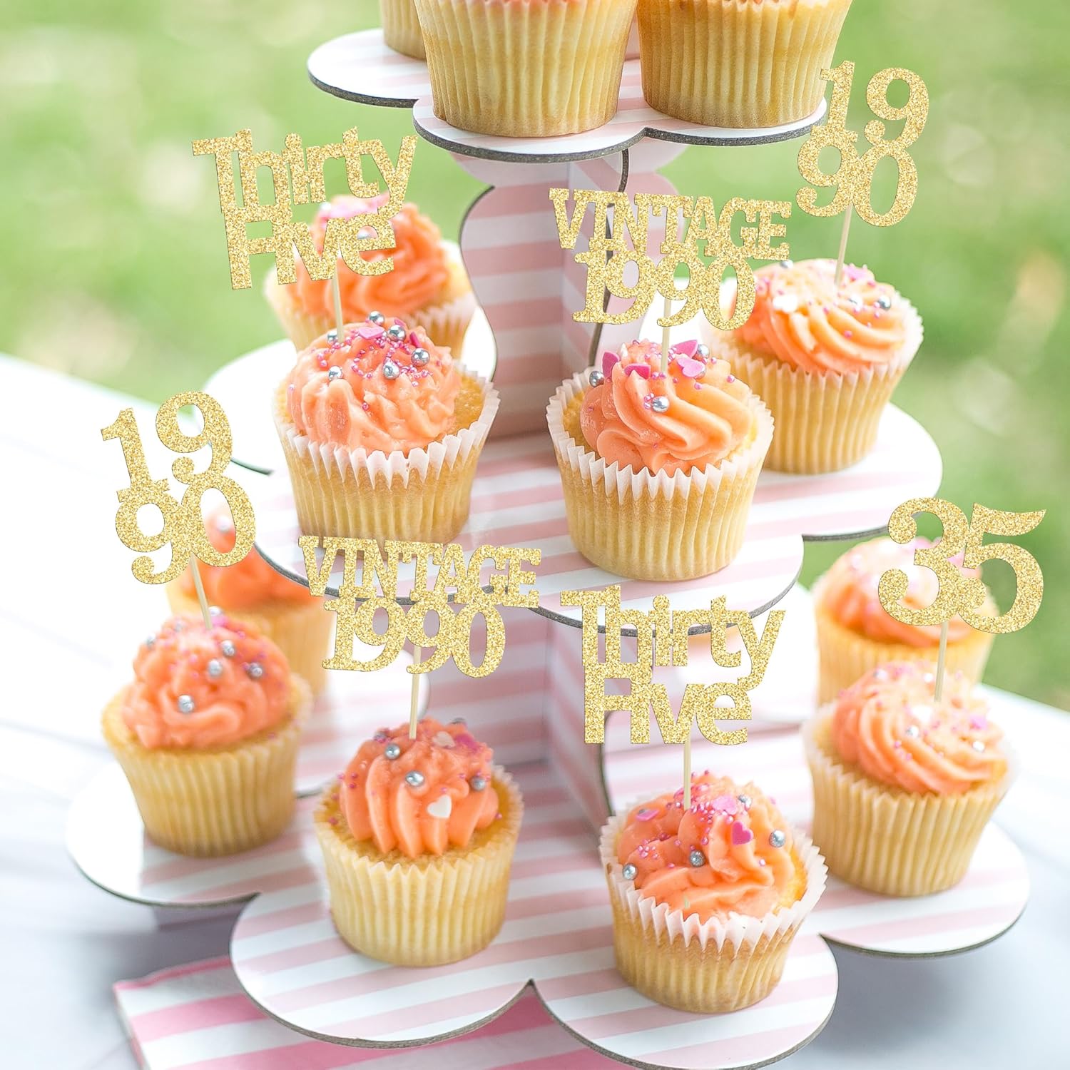 Gyufise 24Pcs Happy 35th Birthday Cupcake Toppers Glitter Thirty Five 35 Fabulous Vintage 1990 Cupcake Picks for 30th Birthday Wedding Anniversary Party Cake Decorations Supplies Gold