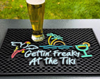 Gettin Freaky at The Tiki Sign with Flying Parrot, Palm Tree and Cocktail Tiki Bar Mats for Countertop 18 x 12in, Coffee Station Mat and Coffee Bar Mat, Aloha, Hawaiian and Luau Party Decorations