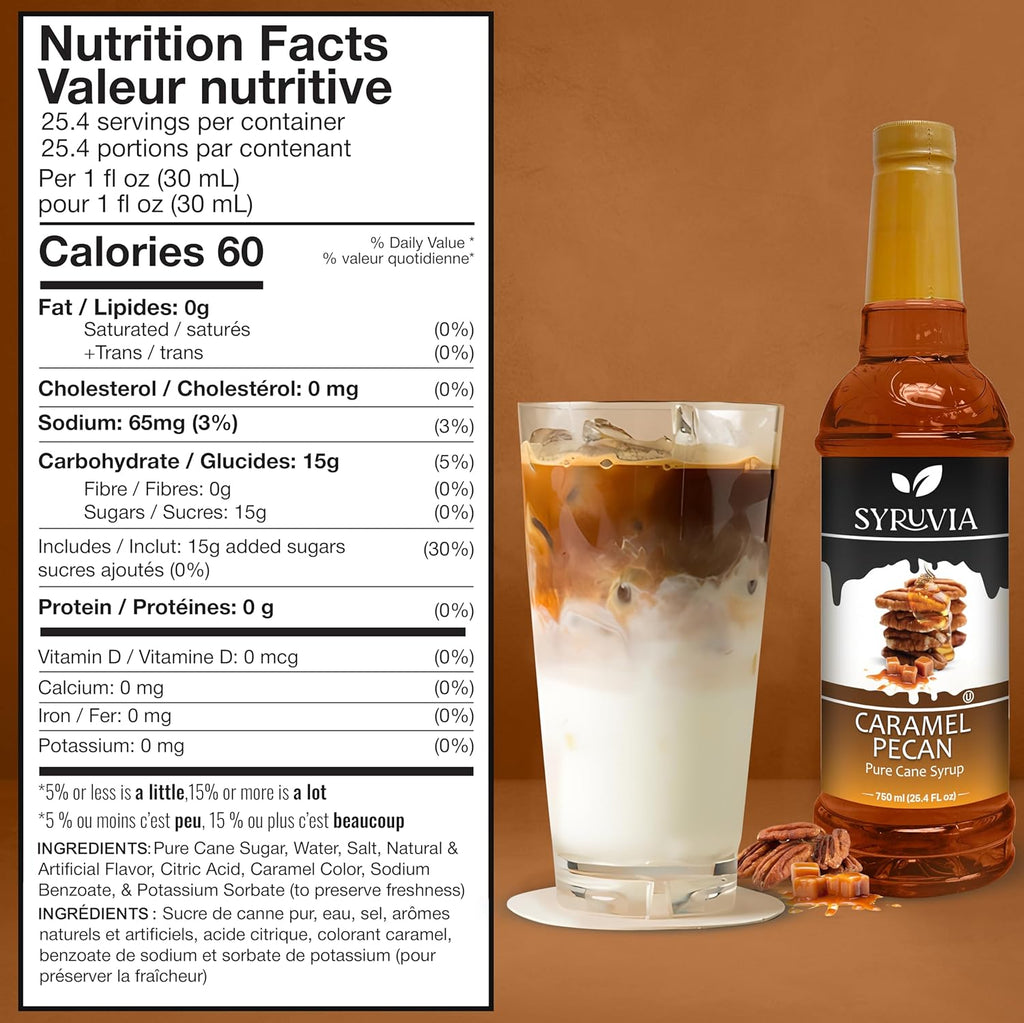Syruvia Caramel Pecan Coffee Syrup - 25.4 fl oz. Kosher, and Gluten-Free. Ideal for Enhancing Drinks, Sodas, Shakes, Desserts, and More.