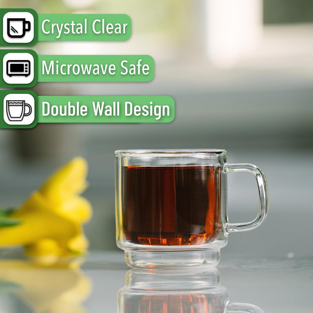 BTaT- Stackable Double Wall Glass Cups, Set of 4 (8 oz, 240 ml), Tea and Coffee Mugs, Cappuccino, Latte Cups, Clear