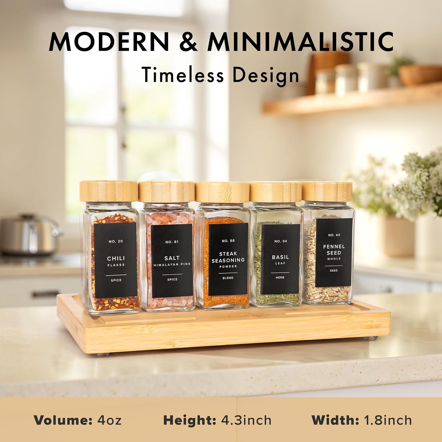 EDELHAUS® Square Spice Jars with Bamboo Wooden Lid (Pack of 24) Spice Jars with Shaker Insert and 240 Labels - Bamboo Lid Glass Container for Spice Organisation [4.3 in × 1.8 in]