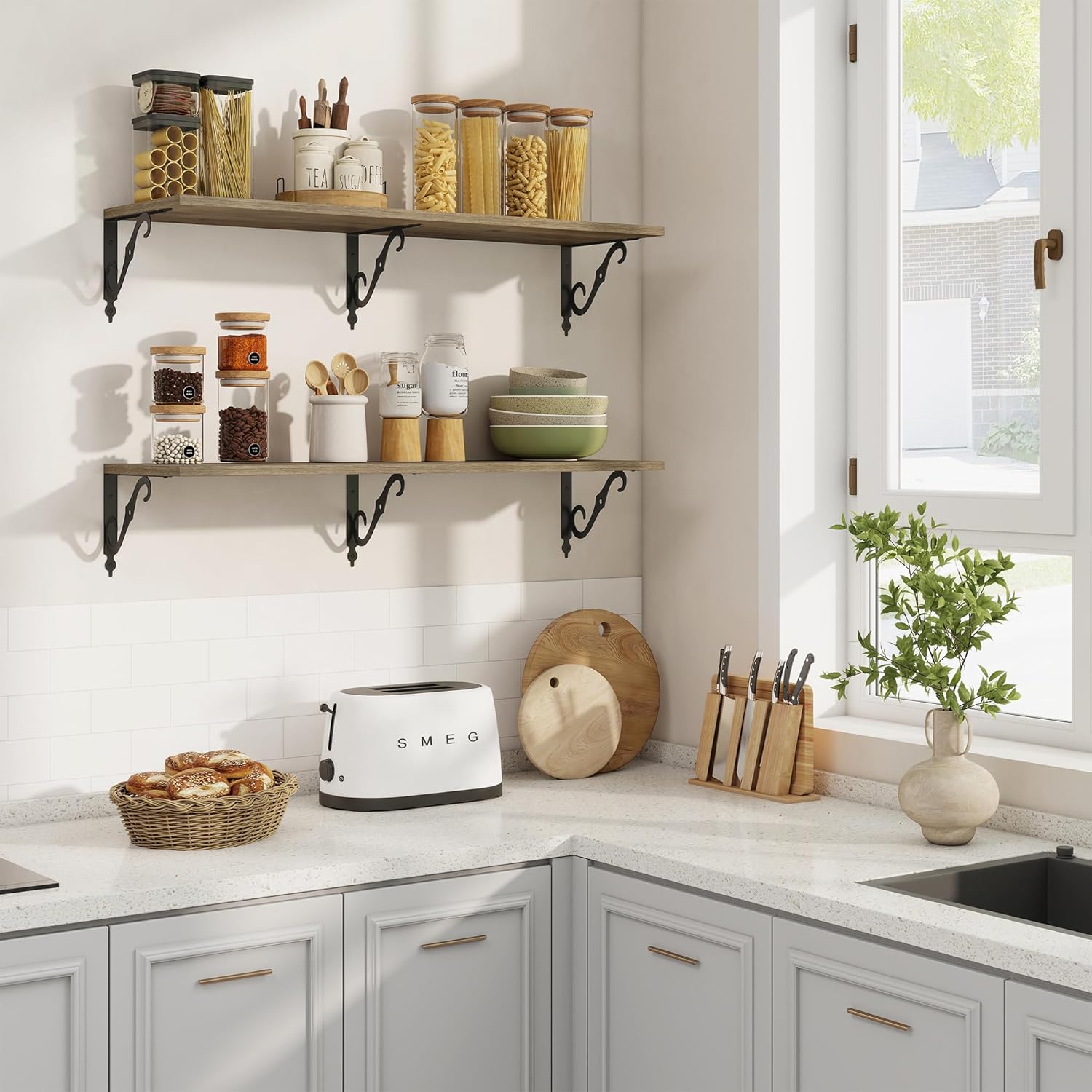 RICHFOCUS 12 Inch Deep Floating Shelves for Wall, 39" W x 12" D Wood Wall Shelves Set of 2, Wide Floating Shelves for Living Room, Bedroom, Kitchen, Bathroom and Decor Storage, Grey