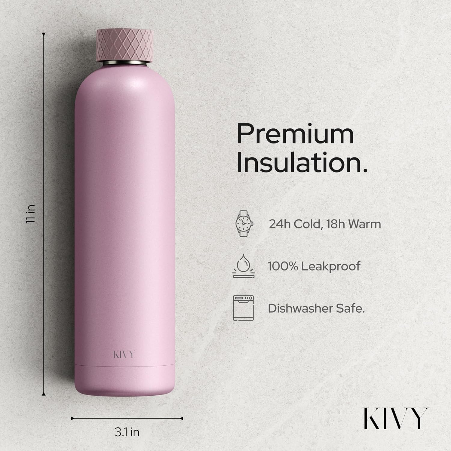 KIVY Stainless Steel Insulated Water Bottle 32oz | Slim Water Bottle for Travel, Car, Gym, Cupholder, Backpack side pocket - Slim water bottle no straw - Skinny water bottle screw top