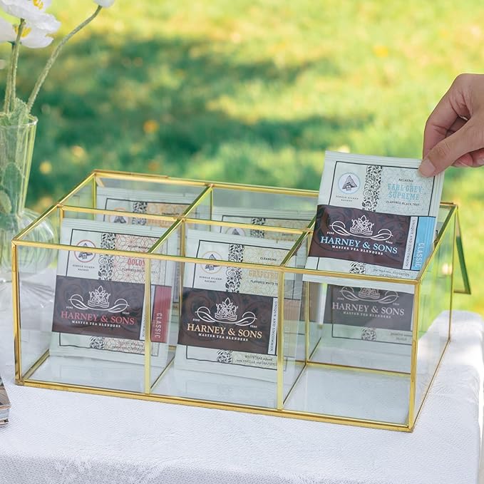 NCYP Glass Tea Bags Organizer Box, 11.4" x 7.1" x 4.5" Coffee Bag Storage Box, 6 Grids Compartments Handcrafted Brass Jewelry Counter, Display Case, Handmade (Glass Box Only)