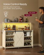 VASAGLE Coffee Bar Cabinet with Power Outlet and Voice Control LED Light, Buffet Cabinet with Sliding Barn Doors, S Hooks, Wine Glass Racks, Bottle Holders, Rustic White and Honey Brown ULSC201W01