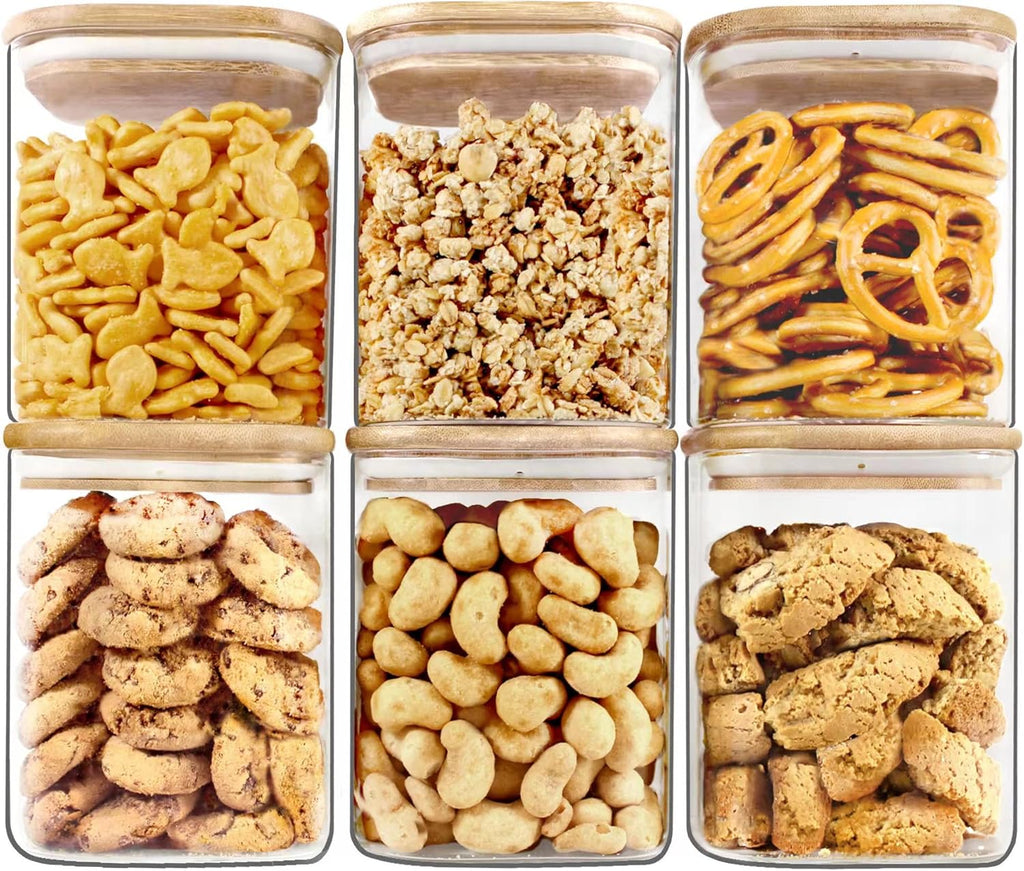 Urban Green Glass Jars with Bamboo Lids, Square Glass Jar with airtight lids, 6 pack of 28oz, Food Storage Containers with bamboo lids, Panty Jars