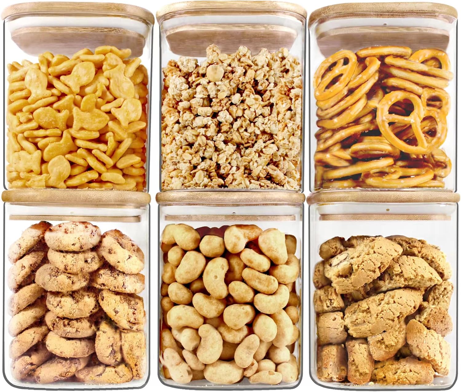 Urban Green Glass Jars with Bamboo Lids, Square Glass Jar with airtight lids, 6 pack of 28oz, Food Storage Containers with bamboo lids, Panty Jars