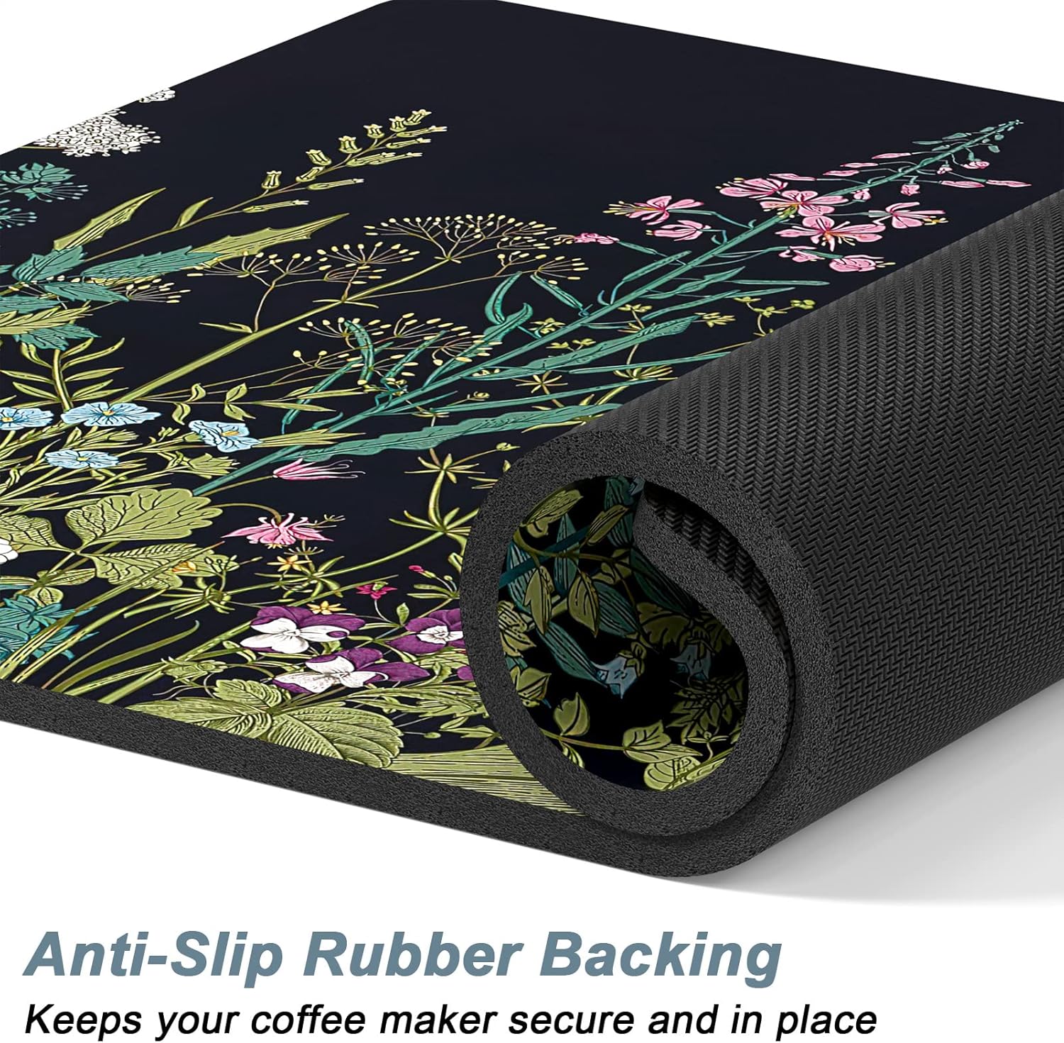 Rnivvi Coffee Mat, 16" x 24" Cute Flower Theme Coffee Bar Mats for Espresso Machine Station Accessories and Organizer, Hide Stain Rubber Backed Absorbent Dish Drying Pad for Kitchen Counter, Black