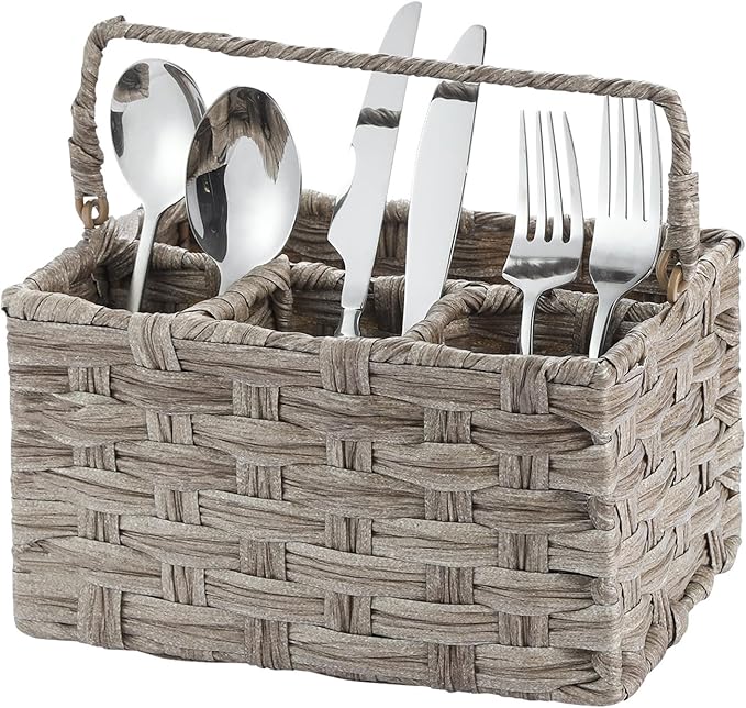 Silverware Holder for Party Plastic Utensil Holder Wicker Silverware Caddy Cutlery Holder with Handle Spoon and Fork Organizer Light Gray Utensil Caddy for Kitchen Counter
