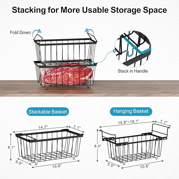 iSPECLE Freezer Organizer Bins 5 Pack- Fit 14.2~16.5 Inch Wide Chest Freezer, 7 Cu.Ft Deep Freezer Organizer Bins, 2 Small Expandable Hanging Baskets and 3 Stackable Bins, Black