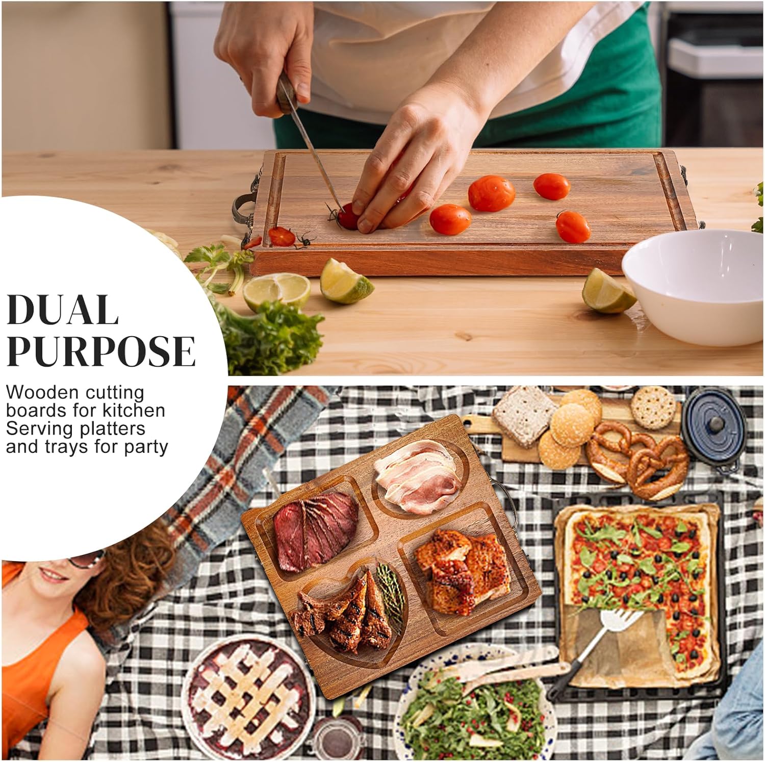 Double Side Acacia Wood Serving Tray, Serving Platters and Trays, Charcuterie Boards Wooden Tray with Vintage Metal Handles, Wooden Cutting Boards for Kitchen, Trays for Serving Food Serving Platter