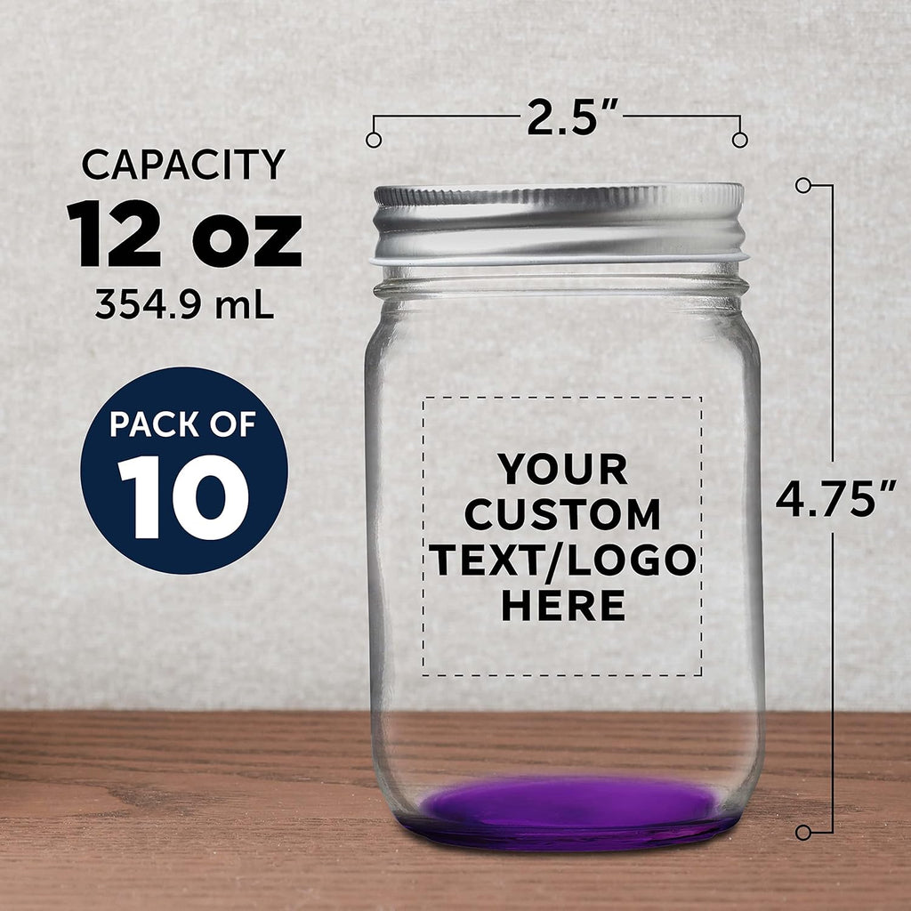 DISCOUNT PROMOS 10 Decorating Mason Jars Set, 12 oz. - Customizable Text, Logo - Canning, Aluminum Lid - Purple