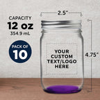DISCOUNT PROMOS 10 Decorating Mason Jars Set, 12 oz. - Customizable Text, Logo - Canning, Aluminum Lid - Purple