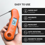 Professional Meat Thermometer Digital, Ultra-Fast 0.5 Sec Instant Read, NIST Certified ±0.5°F Accuracy, 100% Waterproof, Auto-Rotating Backlit Display, Lift-to-Wake, for BBQ/Candy, Orange&Gray