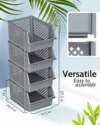 Skywin TidyFriend Stackable Storage Bins for Pantry, 4 Pack Stackable Bins For Organizing Food, Kitchen, and Bathroom Essentials (Grey)