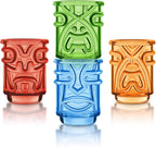 Final Touch Tiki Shot Glasses Set of 4 - Kanaloa, Lono, Kū, Kāne Designs, 2 oz (60 ml), Multicoloured, Stackable Totem Pole Storage, Durable Glassware for Tropical Shots (TK5402)