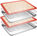 Stainless Steel Baking Sheet Tray Cooling Rack with Silicone Baking Mat Set, Cookie Pan with Cooling Rack, Set of 6 (2 Sheets + 2 Racks + 2 Mats), Size 16 x 12 x 1 Inch, Easy Clean