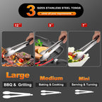 Anaeat Stainless Steel Locking Tong Set of 3 - Premium 7, 9 and 12 inch Kitchen Food Tongs with Non-Slip Silicone Tips and Grip for Serving, Cooking, Baking and BBQ - Heavy Duty & Heat Resistant