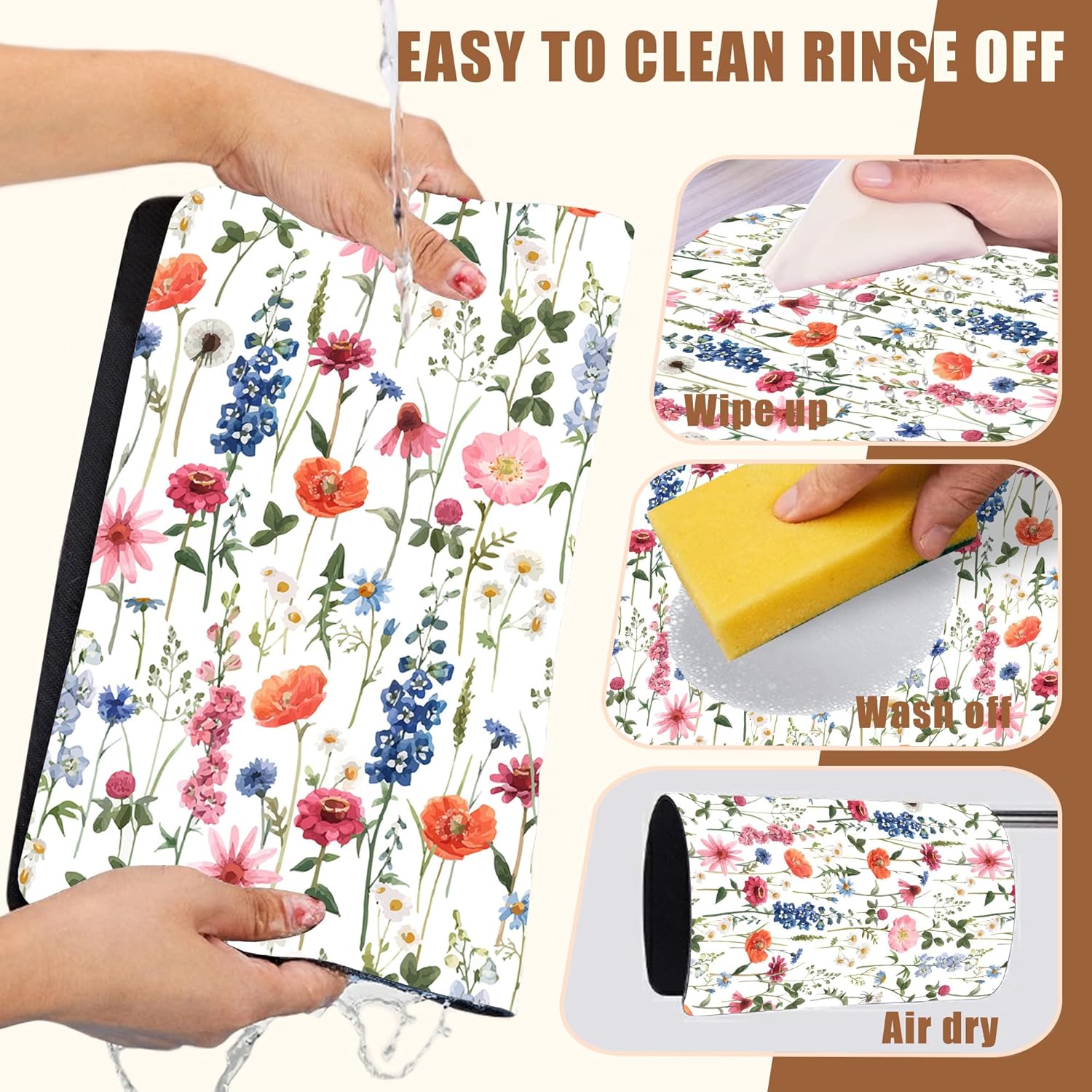 Watercolor Flowers Coffee Mat Absorbent Dish Drying Mat for Kitchen Counter Hide Stain Rubber Backed Coffee Bar Accessories Fit Under Espresso Machine Dish Rack 11.8 x 19.7 Inch