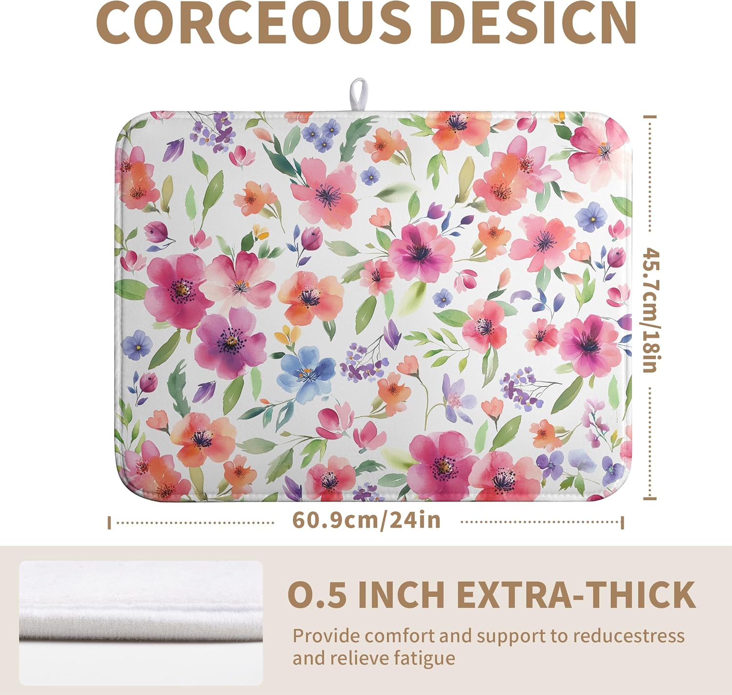 Spring Floral Dish Drying Mat Flowers Summer Kitchen Mat Dish Drying Pad Absorbent Dish Dryer Mat for Kitchen Countertops Microfiber Dishes Drainer Pad Dish Drying Rack Mat (18x24 in)