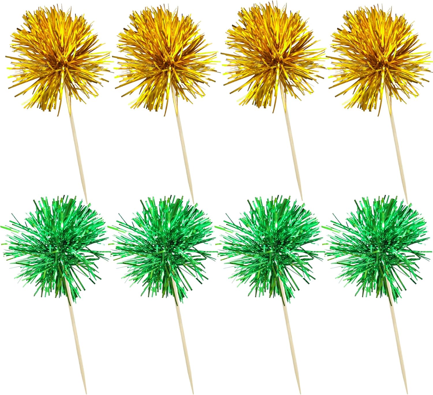 Ephlyn 30Pcs Foil Firework Cupcake Toppers Sparkle Tinsel Cupcake Picks Birthday Cake Decorations Drink Stirrers Cocktail Food Fruit Toothpicks for Baby Shower Graduation Party Supplies Green Gold