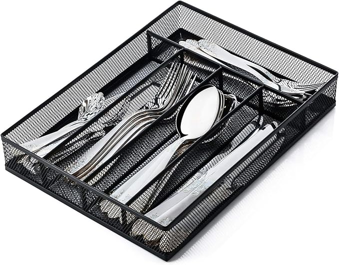 Silverware Organizer Metal Mesh, Small Drawer Organizer, Utensil Cutlery Tray for kitchen drawers, Flatware Organizer with 5 Compartment, Black(9.3"*12.6")