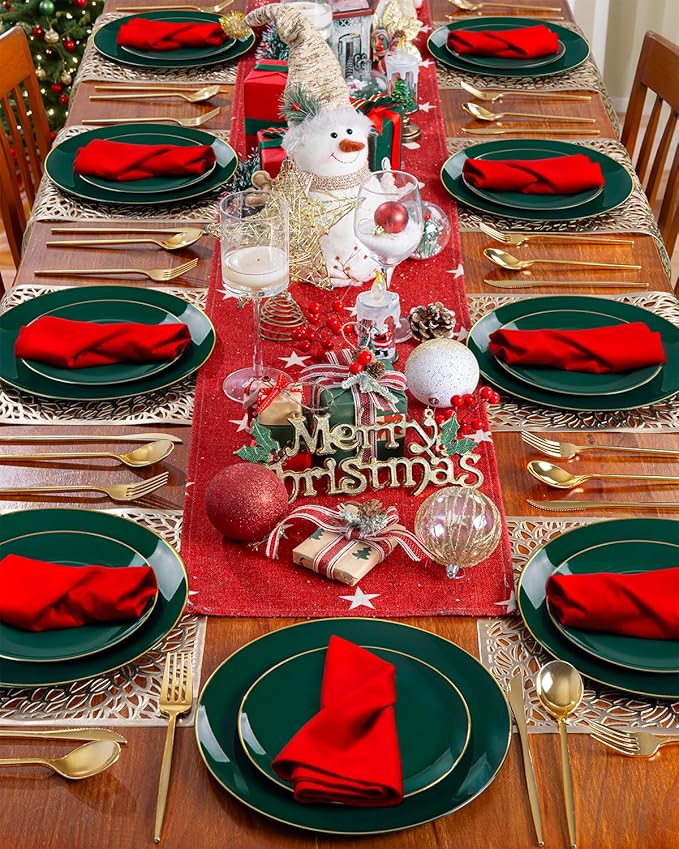 PULOTE 200PCS Green Plastic Plates - Heavy Duty Green Disposable Include 100 Each (10 inch Dinner & 7 inch Dessert) Plates for Christmas Party