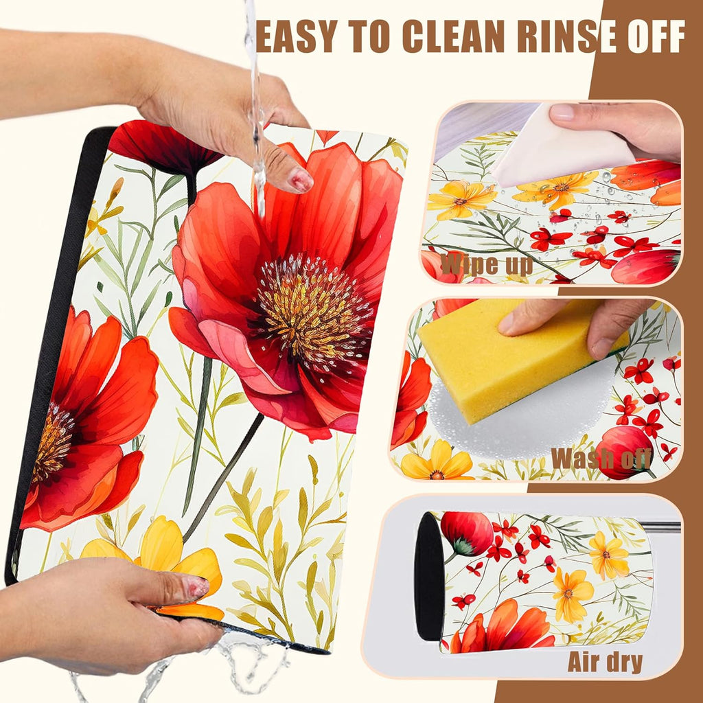 Red and Yellow Flowers Coffee Mat Absorbent Dish Drying Mat for Kitchen Counter Hide Stain Rubber Backed Coffee Bar Accessories Fit Under Espresso Machine Dish Drainer, 15.7 x 23.6 Inch