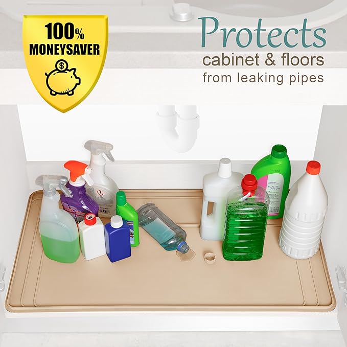 The Original Under Sink Mat - Silicone Waterproof mat, Adjustable, Easy to Clean, Kitchen cabinet liner, Disinfection Surface - 34" x 22" or smaller (Beige, 31" x 22")