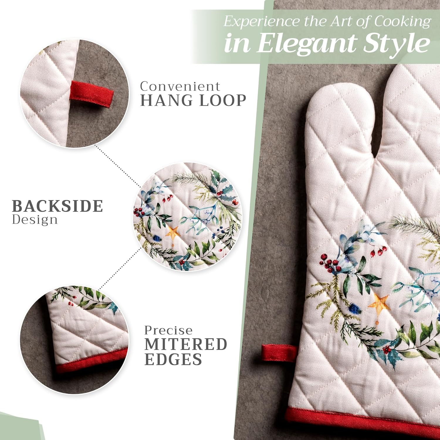 Maison d' Hermine 100% Cotton Oven Mitt & Pot Holder Set (7.5"x13" & 8"x8") Heat Resistant BBQ Cooking Gloves with Loop, Baking, Grilling, Kitchen, Handling Hot Pans (Holly Time)