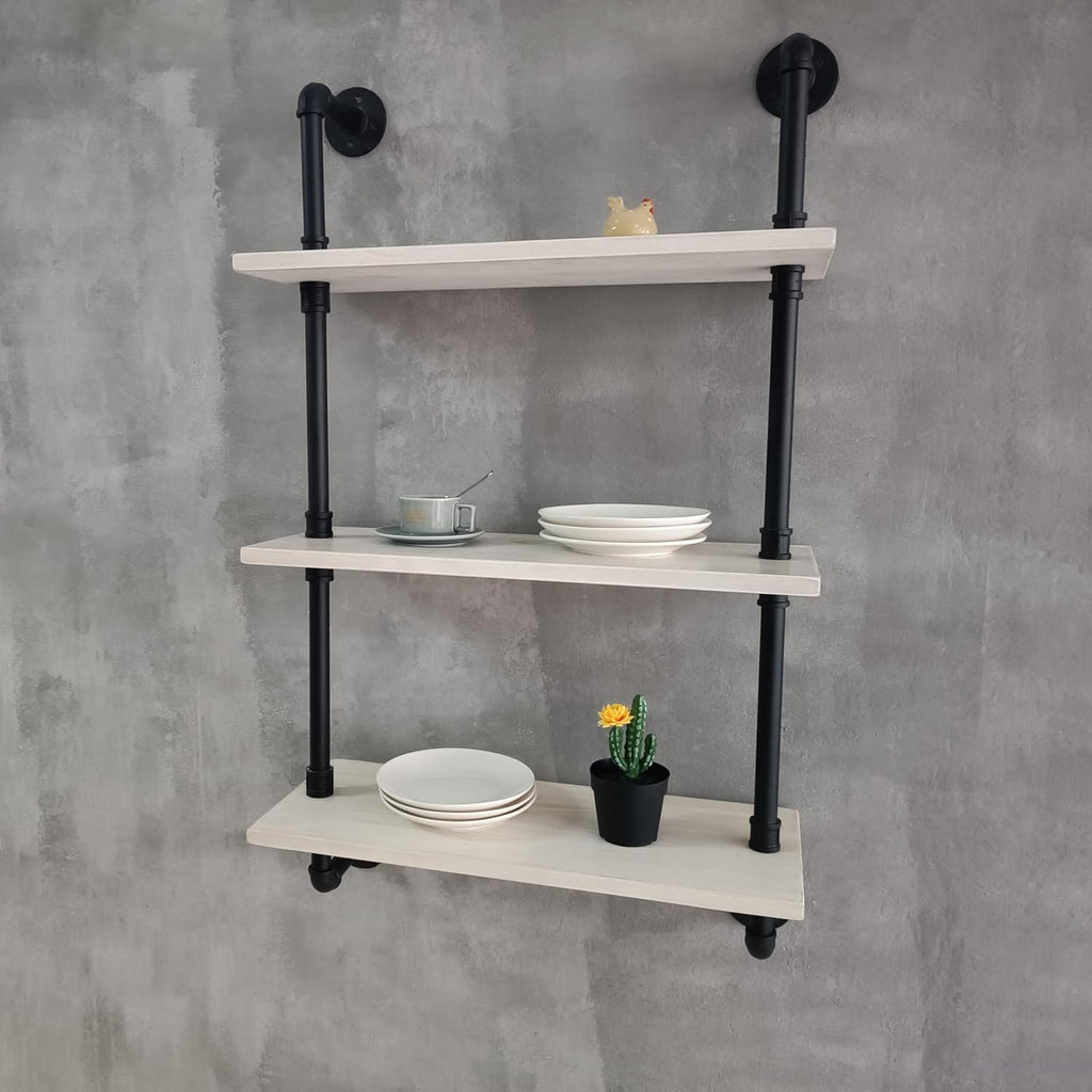 White Floating Shelves 24 inch Pipe Wall Shelves Bathroom Shelves Over Toilet with Wood Planks Industrial Pipe Floating Shelves Farmhouse Bathroom Pipe Shelves Wall Mounted