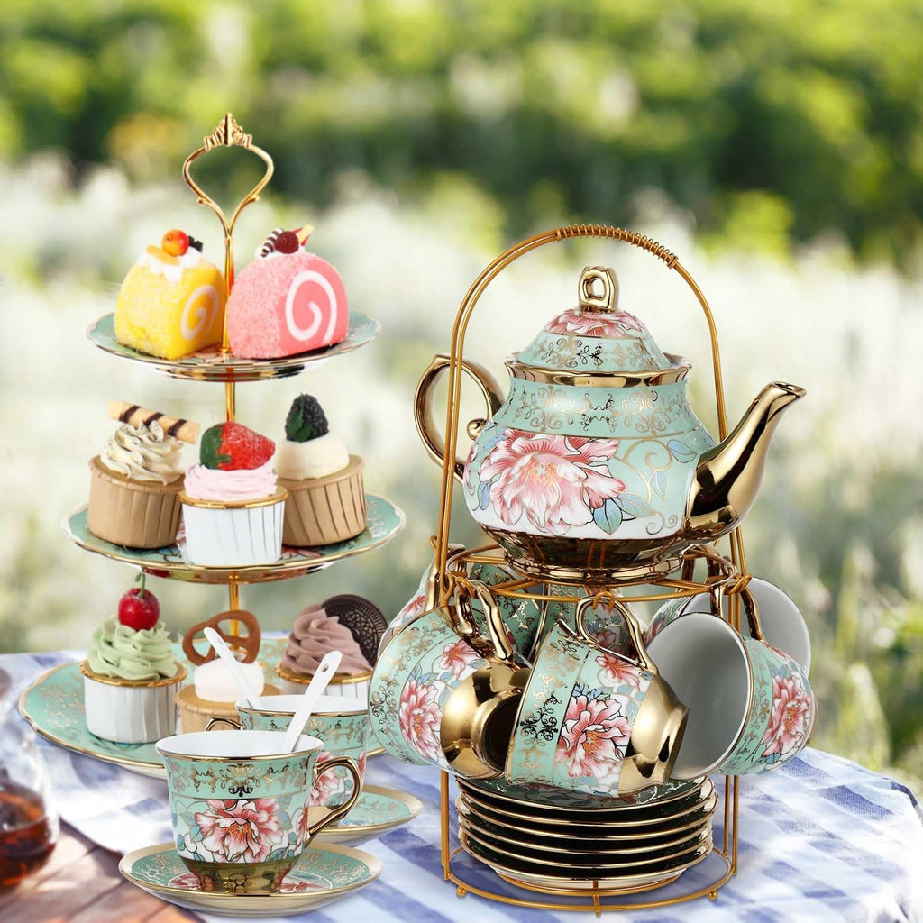 Maxcheck 21 Pcs Tea Party Set for Adults European Floral Tea Set with Metal Holder and 3 Tier Ceramic Cake Stand Porcelain Flower Cup Teapot for Dessert Cupcake(Fresh Style)