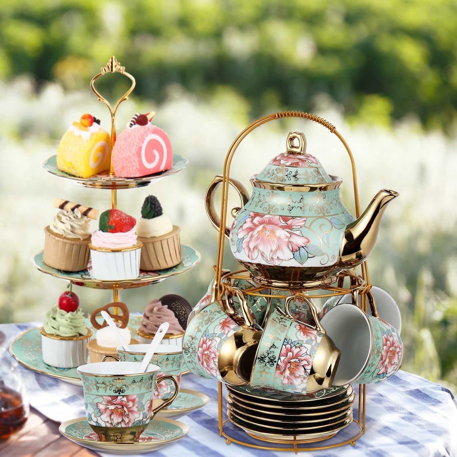 Maxcheck 21 Pcs Tea Party Set for Adults European Floral Tea Set with Metal Holder and 3 Tier Ceramic Cake Stand Porcelain Flower Cup Teapot for Dessert Cupcake(Fresh Style)