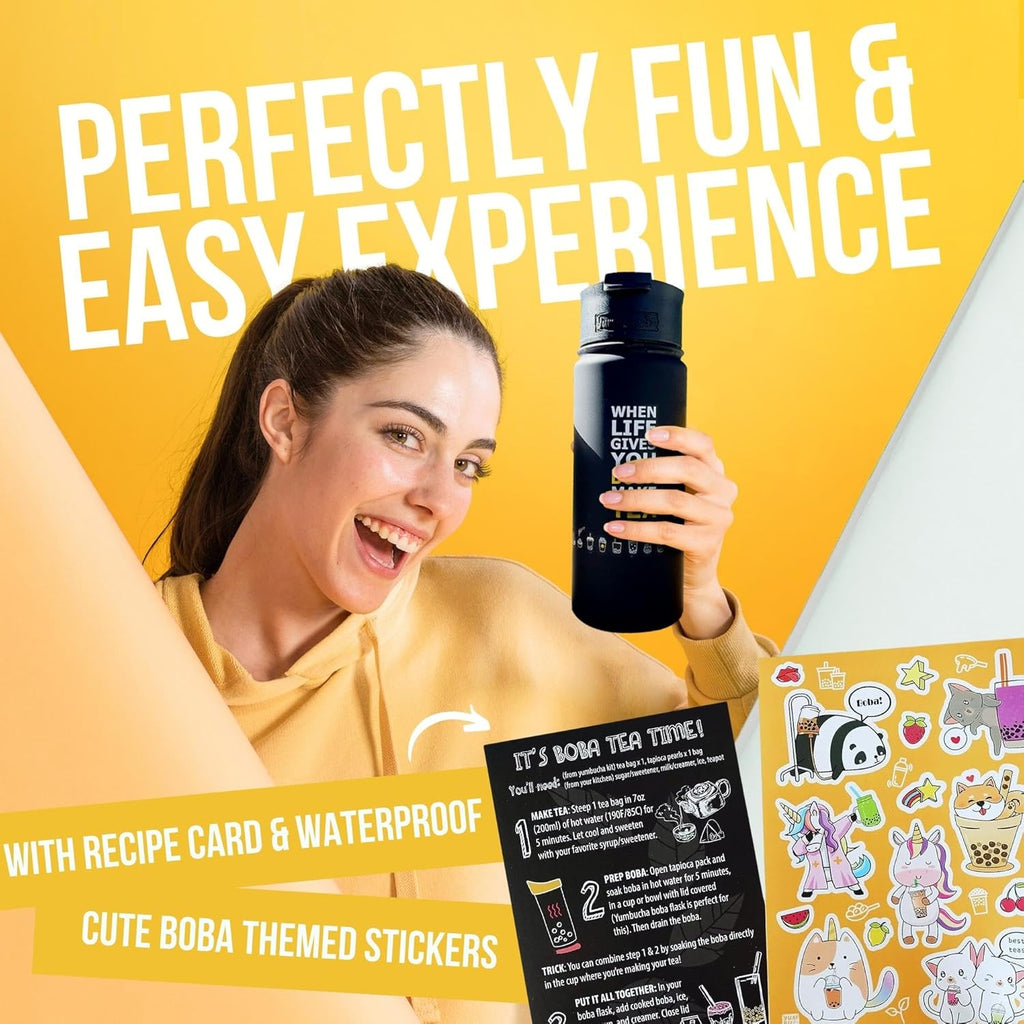 YUMBUCHA Boba Kit Set - DIY Bubble Tea - 20 Drinks - Reusable Stainless Steel Flask & Straw, Brown Sugar Tapioca Pearls - Exquisite Loose Leaf Teabags - Strawberry Oolong and White Peach Oolong Tea