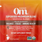 Om Mushroom Superfood Morning Energy Blend Mushroom Powder Drink, Single Serve, 10 Count, Coffee Free Energy Drink with Cordyceps, Vitamin D2, Agaricus Bisporus, Lion's Mane, Rhodiola, and Turkey Tail