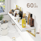 Deep Floating Shelves for Wall, 36W x 8D Wall Mounted Shelves Set of 2, Wide Display Ledge Shelf with Sturdy Metal Brackets for Living Room, Bathroom, Bedroom and Kitchen, White with Gold Brackets