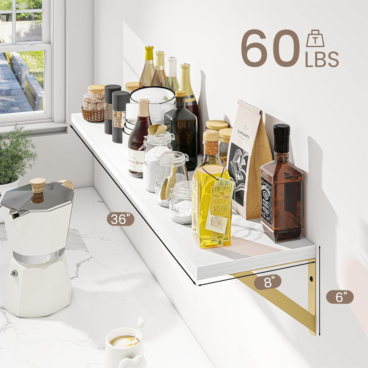 Deep Floating Shelves for Wall, 36W x 8D Wall Mounted Shelves Set of 2, Wide Display Ledge Shelf with Sturdy Metal Brackets for Living Room, Bathroom, Bedroom and Kitchen, White with Gold Brackets