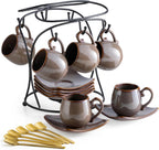 LYEOBOH 3oz Coffee Espresso Cups with Saucers Set of 6, Ceramic Small Coffee Cups with Holder and Spoons, Cute Demitasse Cups for Espresso, Latte, Mocha, Housewarming Gift - Farmhouse, Brown