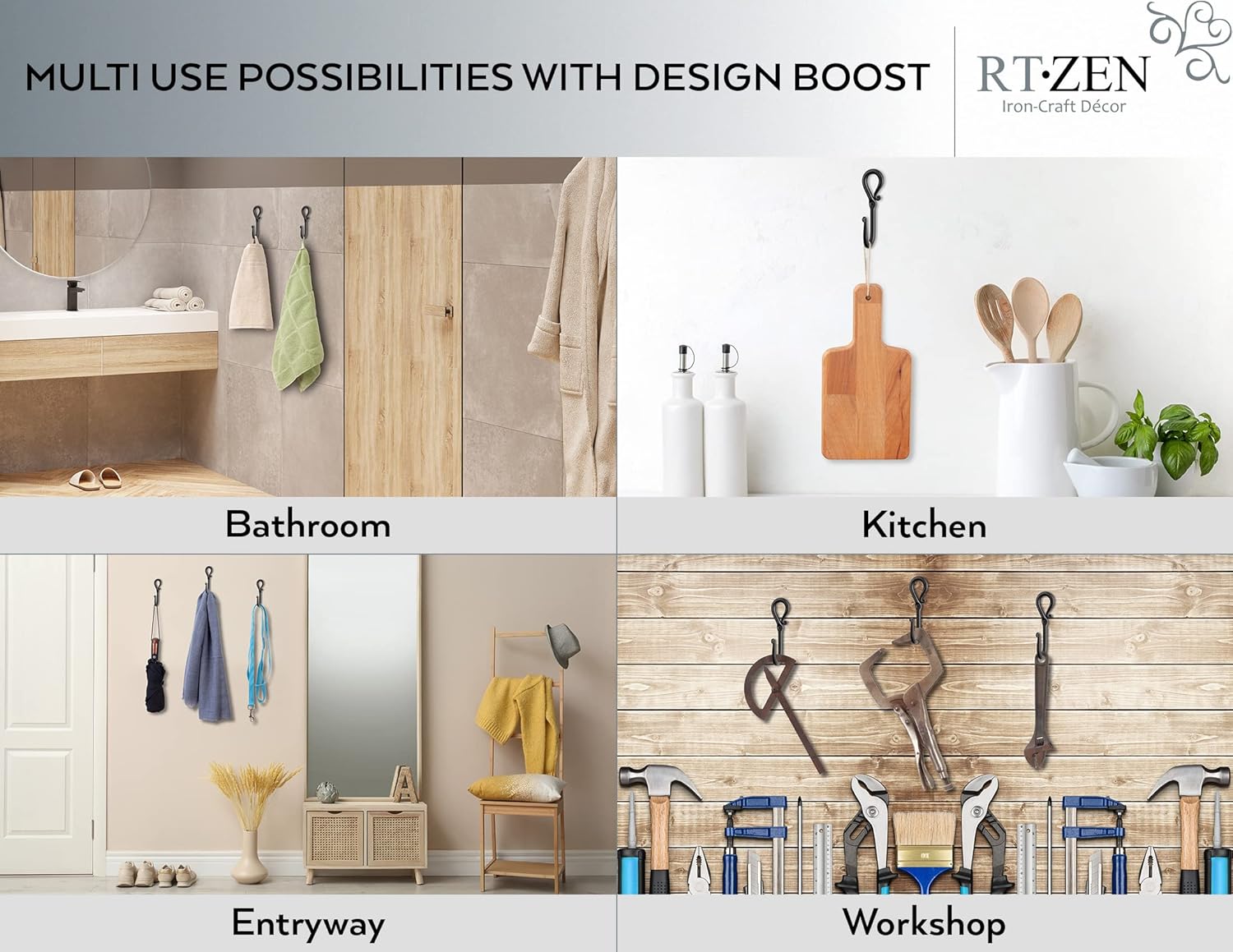 RTZEN Wall Mount Hook Set - Wrought Iron Decorative Rustic Metal Coat Hooks for Hanging - Handcrafted Classic Farmhouse Wall Mounted Black Hooks for Towel Robe or Hat Hanging - 3 Pack