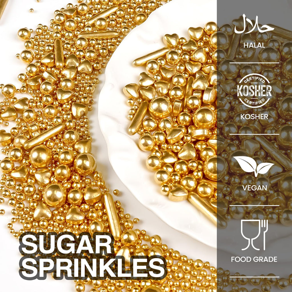 Gold Pearl Heart Sprinkles, Pearls Sprinkles For Cake Decorating, 150g/5.29oz Mix Size Sugar, Donuts, Cakes, Ice Cream, Mother's Day, Valentine's Day, Wedding Party, Christmas Supplies