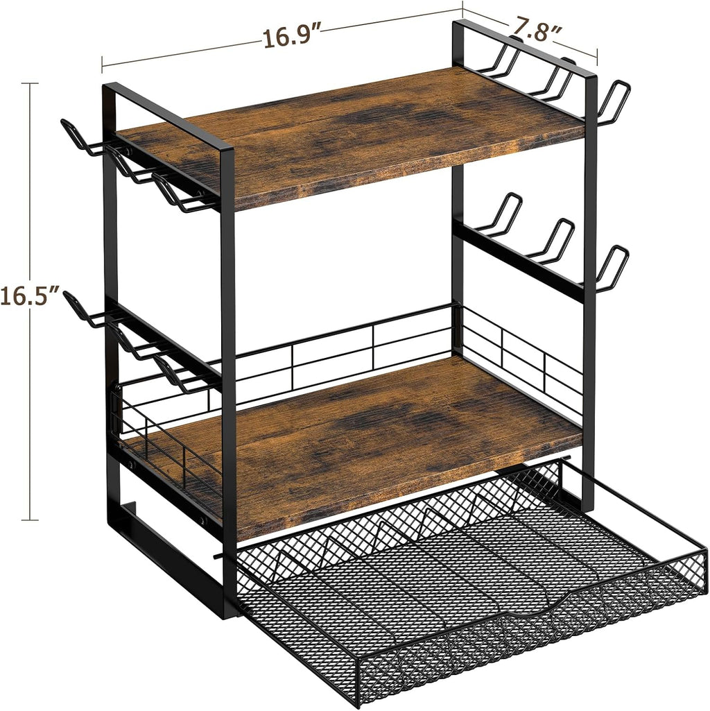 Coffee Station Organizer, 3 Tier Bar Organizer for Countertop, Mug Cup Holder Stand With 12 Hooks and 28 K Cup Storage for Kitchen, Home & Office, Rustic Brown