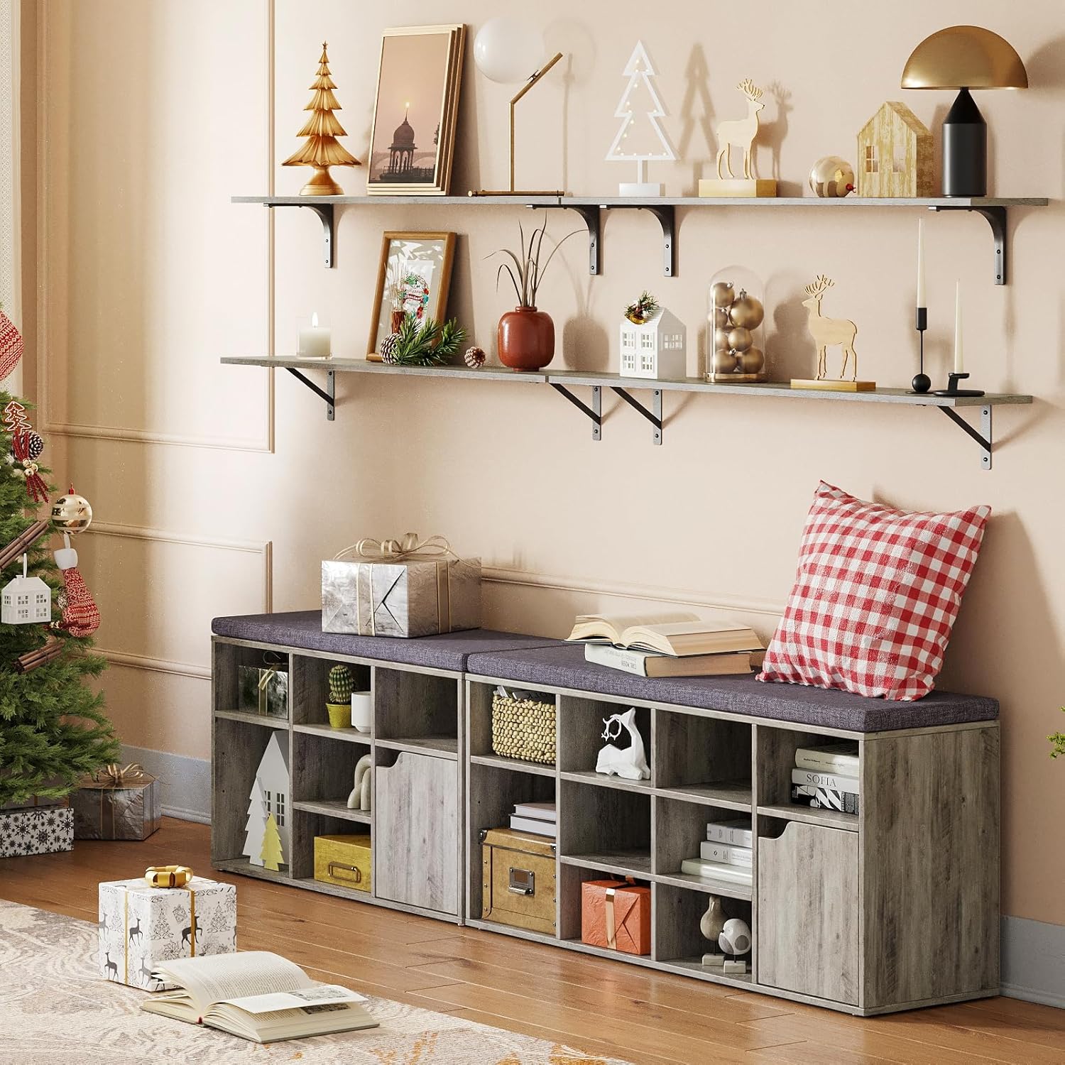 DINZI LVJ Long Wall Shelves, 47.3Inch Wall Mounted Shelves Set of 2, Extra Large Wall Storage Ledges with Sturdy Metal Brackets for Living Room, Bathroom, Bedroom, Kitchen, Grey Wash