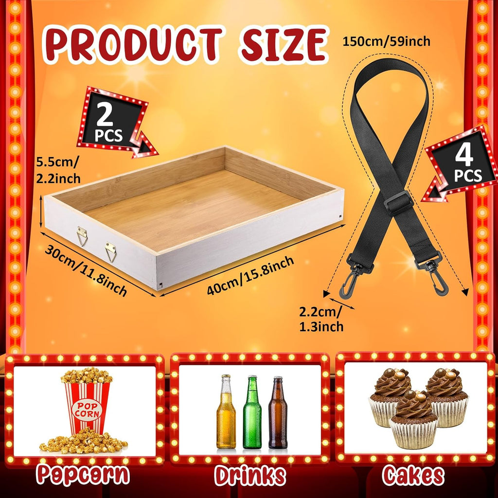 Marsui 2 Pcs Halloween Snack Trays with Straps 15 x 11 x 2 Inch Wooden Movie Night Snack Drink Trays Vendor Usherette Popcorn Drink Beverage Carrier for 20's Theme Carnival Party Costume(White)