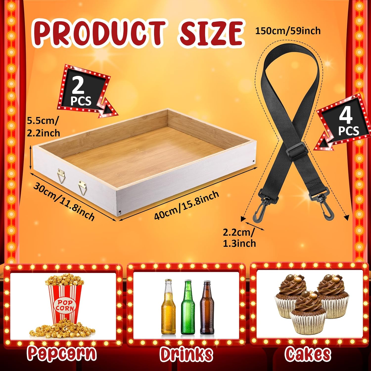 Marsui 2 Pcs Halloween Snack Trays with Straps 15 x 11 x 2 Inch Wooden Movie Night Snack Drink Trays Vendor Usherette Popcorn Drink Beverage Carrier for 20's Theme Carnival Party Costume(White)