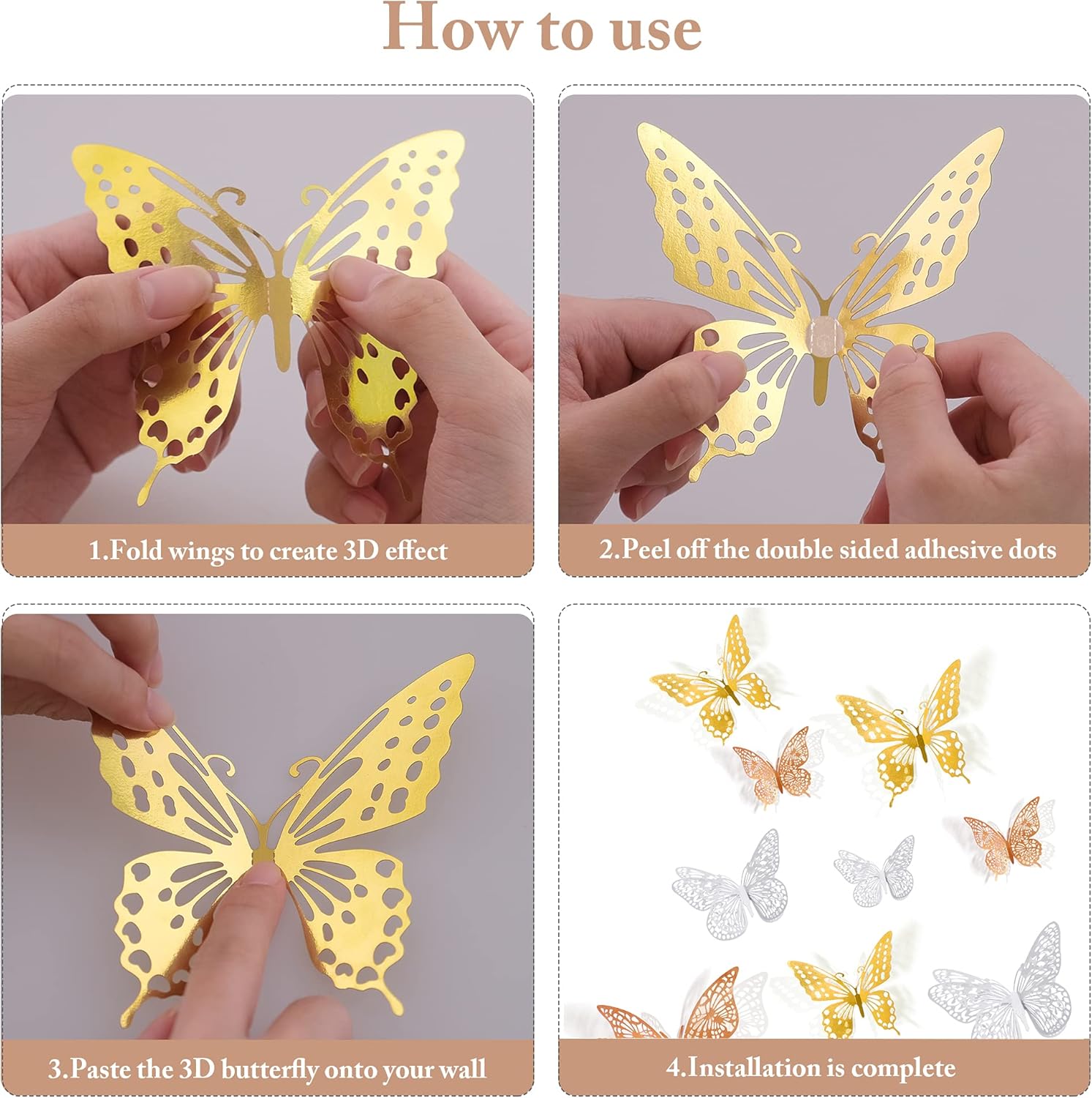 SAOROPEB 3D Butterfly Wall Decor, 72 Pcs 3 Styles 3 Sizes, Removable Metallic Wall Decor Sticker Room Mural Decals for Kids Bedroom Nursery Classroom Party Decoration Wedding Decor DIY Gift (3 Color)